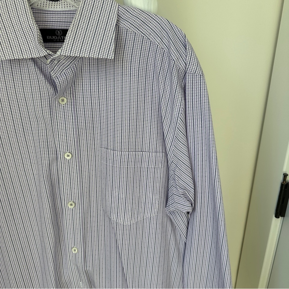Bugatchi Men’s Purple and White Pinstripe Dress Shirt SZ Large - Picture 4 of 13
